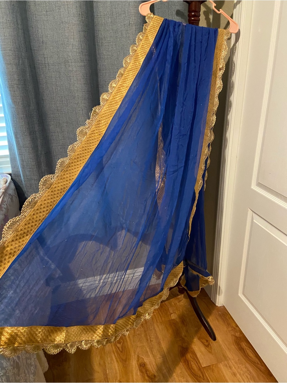 Indian Royal Blue Sheer Scarf Dupatta Shawl Wrap Head Veil with Fancy Gold Trim